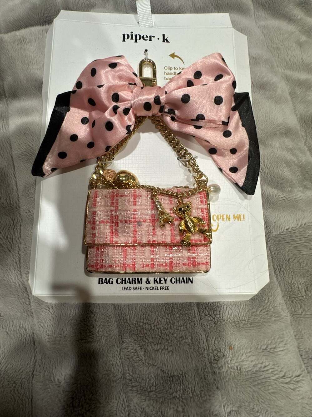 Piper K Parisian Pink Tweed Mini Purse Bag Charm & Key Chain with Bow